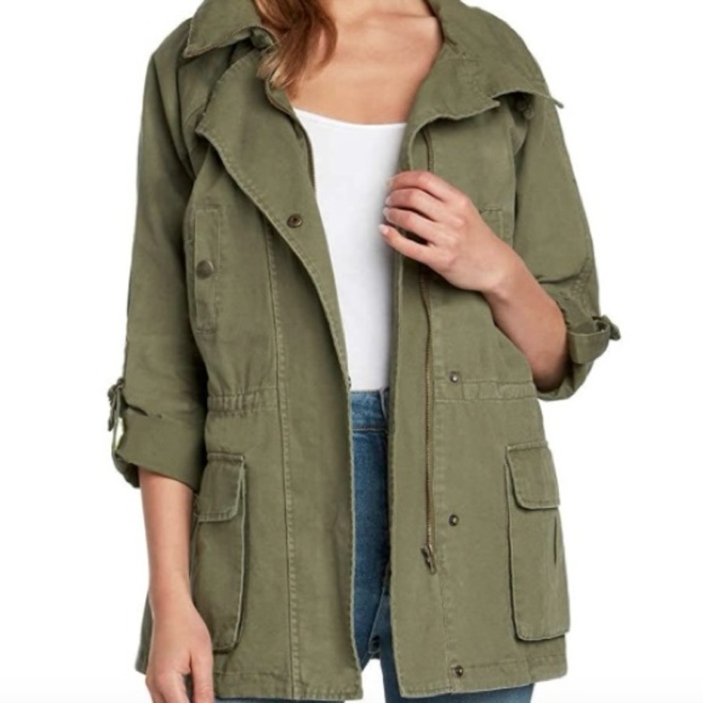 Matty M Olive Green Utility Cargo Jacket Size L Cinch Waist Oversized Fit